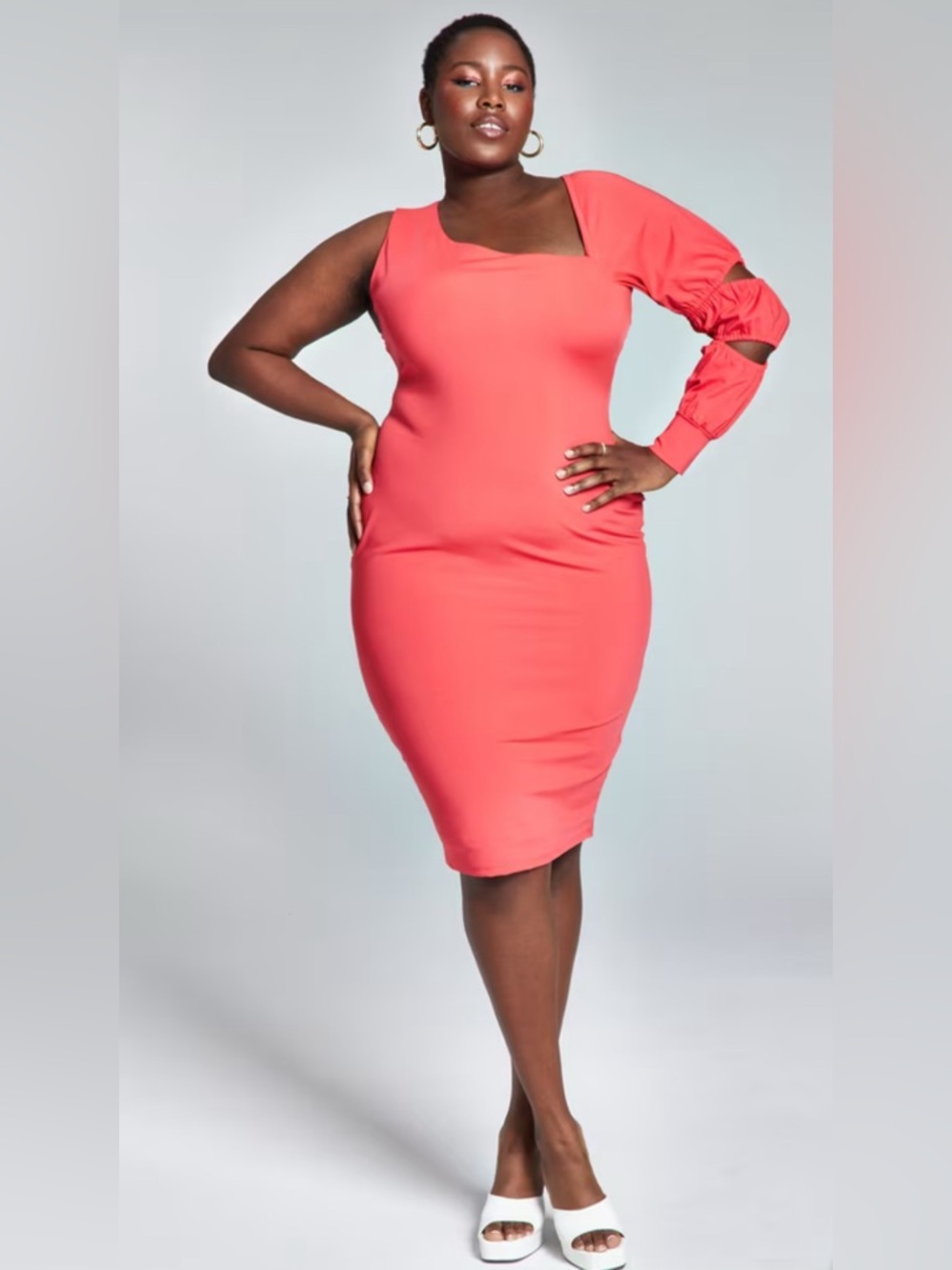 Bar III Pink One-Shoulder Ruched Sleeve Sheath Dress